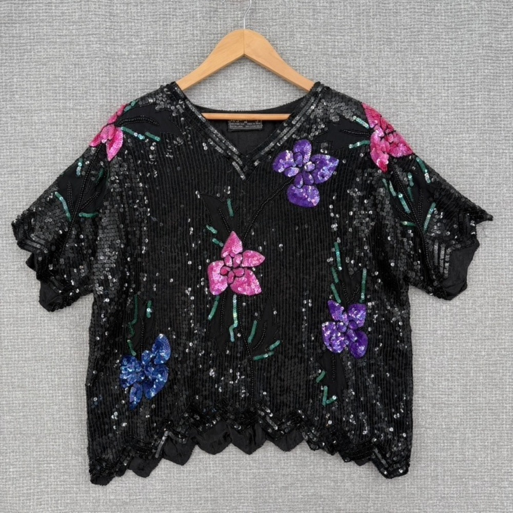 Vintage Royal Feelings Top Women XL Sequin Floral Silk Short Sleeve Boho Party